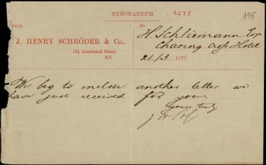Letter sent by Schröder, Henry J. & Co. to Schliemann, Heinrich, 1877