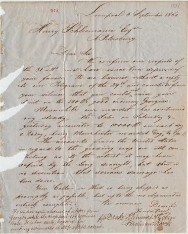 Letter sent by Drake, Kleinwort & Cohen to Schliemann, Heinrich, 1860