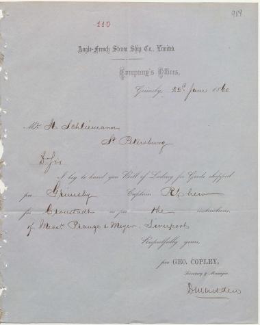 Letter sent by Anglo-French Steam Ship Co., Ltd. to Schliemann, Heinrich, 1860
