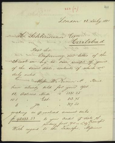 Letter sent by Schröder, Henry J. & Co. to Schliemann, Heinrich, 1881