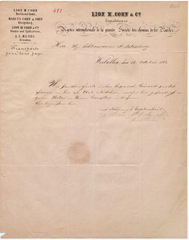 Letter sent by Cohn, Lion M. & Co. and Loran, Ferd. to Schliemann, Heinrich, 1863
