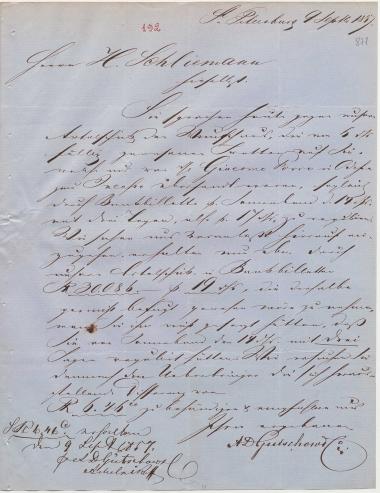 Letter sent by Gütschow, A. D. & Co. to Schliemann, Heinrich, 1857