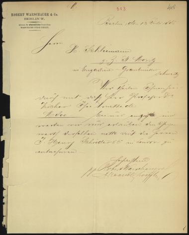Letter sent by Warschauer, Robert & Co. to Schliemann, Heinrich, 1885