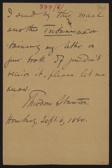 Letter sent by Stanton, Theodore to Schliemann, Heinrich, 1880