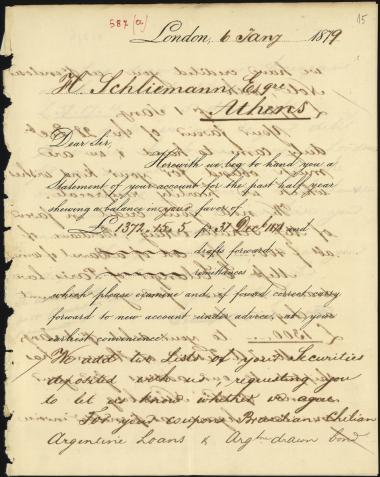 Letter sent by Schröder, Henry J. & Co. to Schliemann, Heinrich, 1879