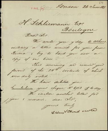 Letter sent by Schröder, Henry J. & Co. to Schliemann, Heinrich, 1877