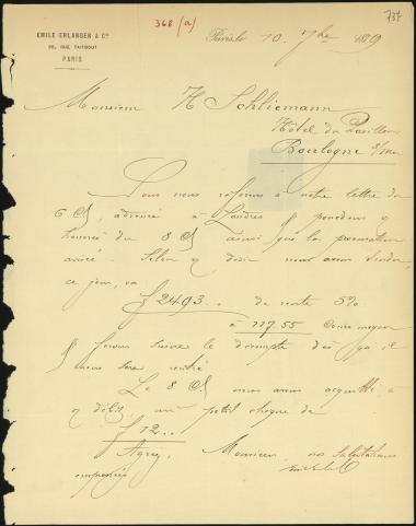 Letter sent by Erlanger, Émile & Cie. to Schliemann, Heinrich, 1879