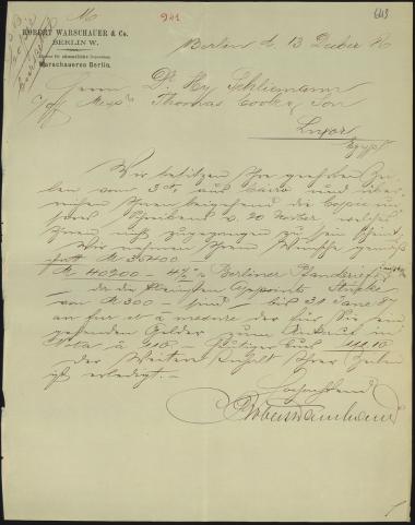 Letter sent by Warschauer, Robert & Co. to Schliemann, Heinrich, 1886