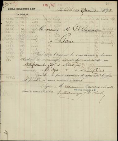 Letter sent by Erlanger, Émile & Cie. to Schliemann, Heinrich, 1875