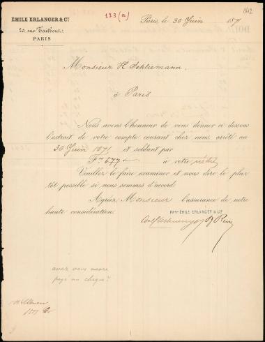 Letter sent by Erlanger, Émile & Cie. to Schliemann, Heinrich, 1871