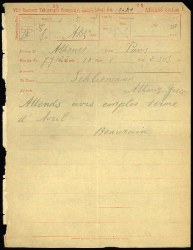 Letter sent by Beaurain, Polynice to Schliemann, Heinrich, 1883