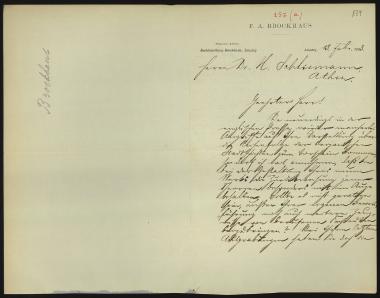 Letter sent by Brockhaus, Friedrich Arnold to Schliemann, Heinrich, 1883