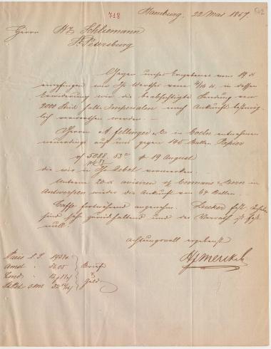 Letter sent by Merck, H. I. & Co. to Schliemann, Heinrich, 1857