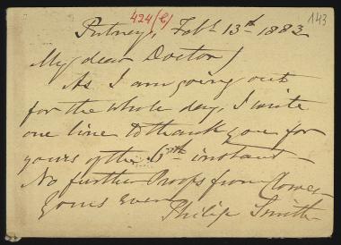 Letter sent by Smith, Philip to Schliemann, Heinrich, 1883