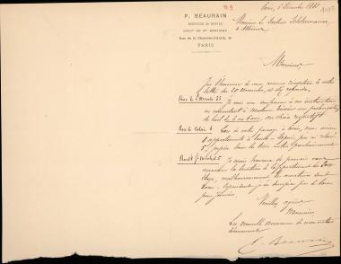 Letter sent by Beaurain, Polynice to Schliemann, Heinrich, 1883
