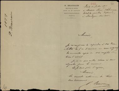 Letter sent by Beaurain, Polynice to Schliemann, Heinrich, 1877