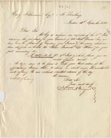 Letter sent by Siordet, Meyer & Co. to Schliemann, Heinrich, 1853
