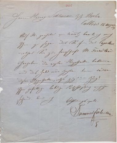 Letter sent by Fabian, Samuel to Schliemann, Heinrich, 1859