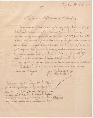 Letter sent by Malherbe, P. I. & Co. to Schliemann, Heinrich, 1856
