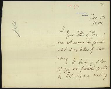 Letter sent by Jebb, R. C. to Schliemann, Heinrich, 1882