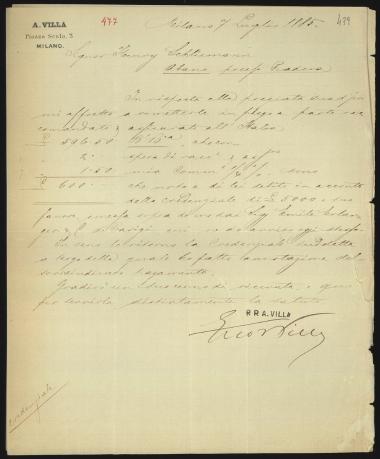 Letter sent by Villa, A. to Schliemann, Heinrich, 1885