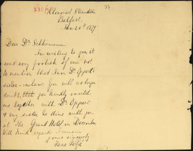 Letter sent by Taffé, Jane to Schliemann, Heinrich, 1879