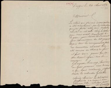 Letter sent by Godart, Henri to Schliemann, Heinrich, 1870