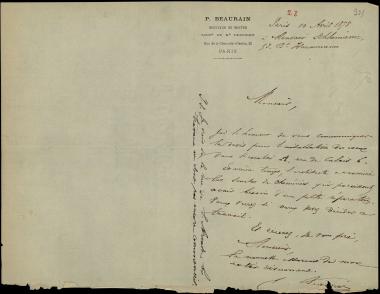 Letter sent by Beaurain, Polynice to Schliemann, Heinrich, 1878