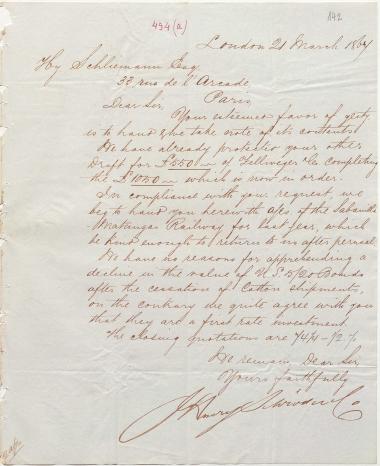 Letter sent by Schröder, Henry J. & Co. to Schliemann, Heinrich, 1867