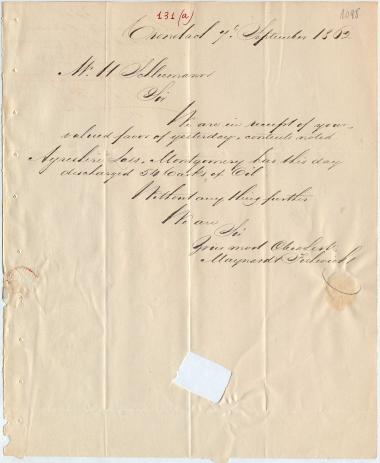 Letter sent by Maynard & Fishwicks to Schliemann, Heinrich, 1862