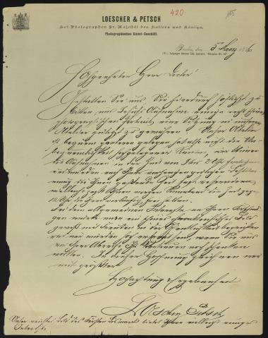 Letter sent by Loescher & Petsch to Schliemann, Heinrich, 1886
