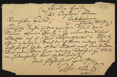 Letter sent by Blind, Karl to Schliemann, Heinrich, 1886