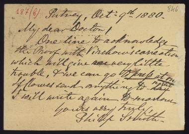 Letter sent by Smith, Philip to Schliemann, Heinrich, 1880