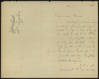 Letter sent by Cuyler, ? to Σλήμαν, Σοφία and Schliemann, Heinrich, 1881