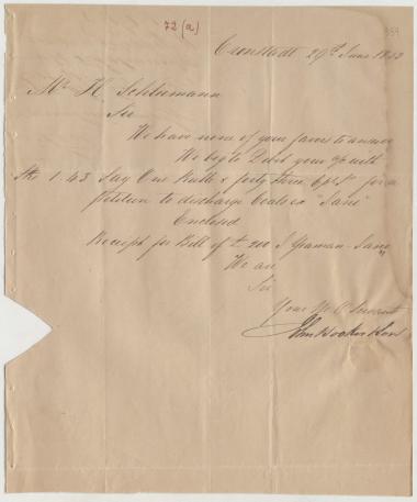 Letter sent by Booker, John & Son to Schliemann, Heinrich, 1853