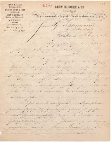 Letter sent by Cohn, Lion M. & Co. to Schliemann, Heinrich, 1863