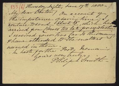 Letter sent by Smith, Philip to Schliemann, Heinrich, 1880