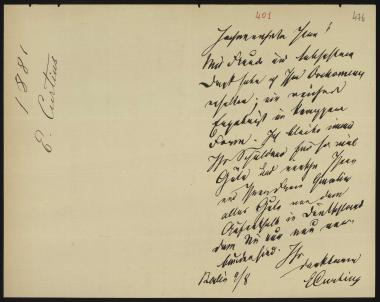 Letter sent by Curtius, Ernst W. to Schliemann, Heinrich, 1881
