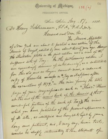 Letter sent by Frieze, H. S. to Schliemann, Heinrich, 1881