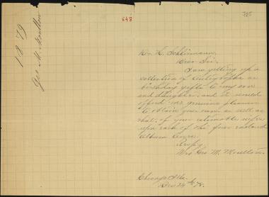 Letter sent by Moullon, Geo M. to Schliemann, Heinrich, 1878