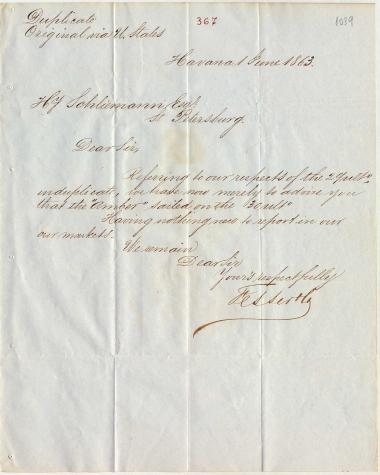 Letter sent by Fesser, F. & Co. to Schliemann, Heinrich, 1863