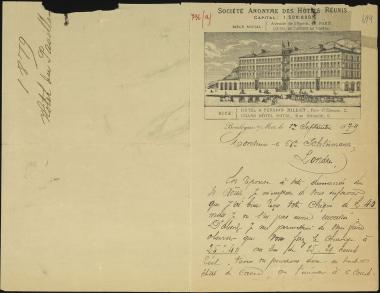 Letter sent by Hôtel du Pavillon Impérial to Schliemann, Heinrich, 1879