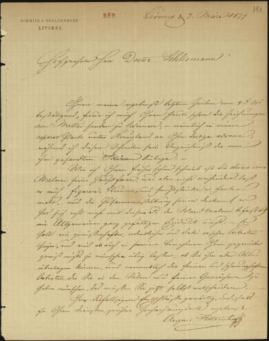 Letter sent by Stoltenhoff, August to Schliemann, Heinrich, 1879