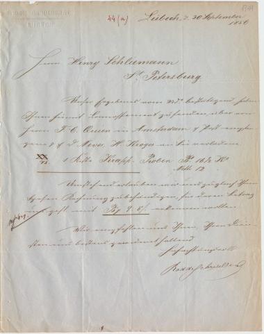 Letter sent by Rodde, Schroeder & Co. to Schliemann, Heinrich, 1856
