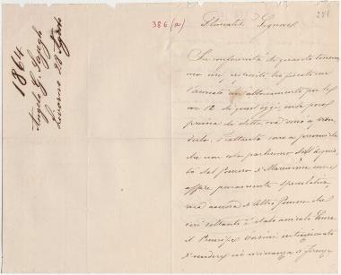 Letter sent by Sajegh, Angelo G. to Schliemann, Heinrich, 1864