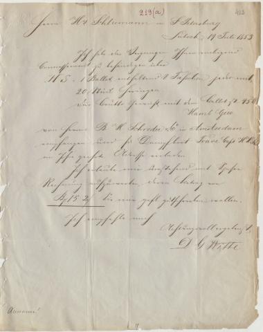 Letter sent by Witte, D. G. to Schliemann, Heinrich, 1853