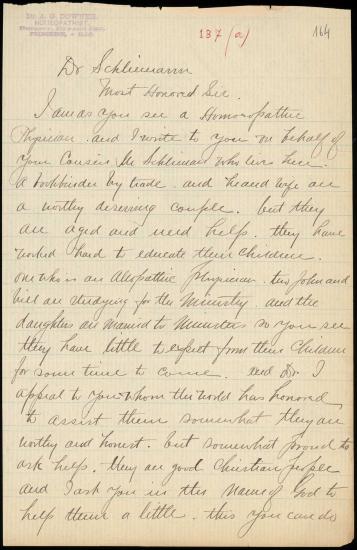 Letter sent by Downer, A. G. to Schliemann, Heinrich, 1888