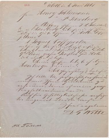 Letter sent by Witte, D. G. to Schliemann, Heinrich, 1861