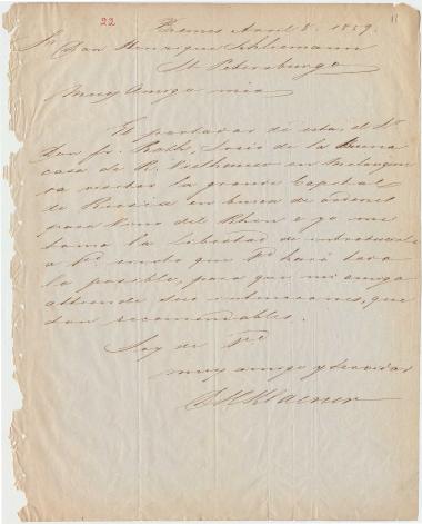 Letter sent by Klaener, D. H. to Schliemann, Heinrich, 1859
