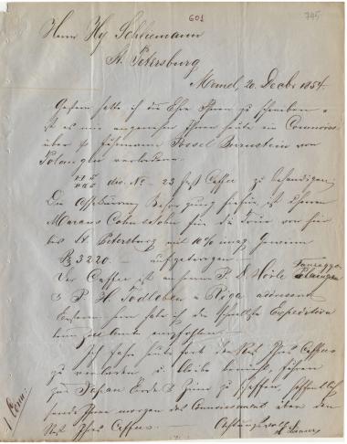 Letter sent by Laaser, H. to Schliemann, Heinrich, 1854